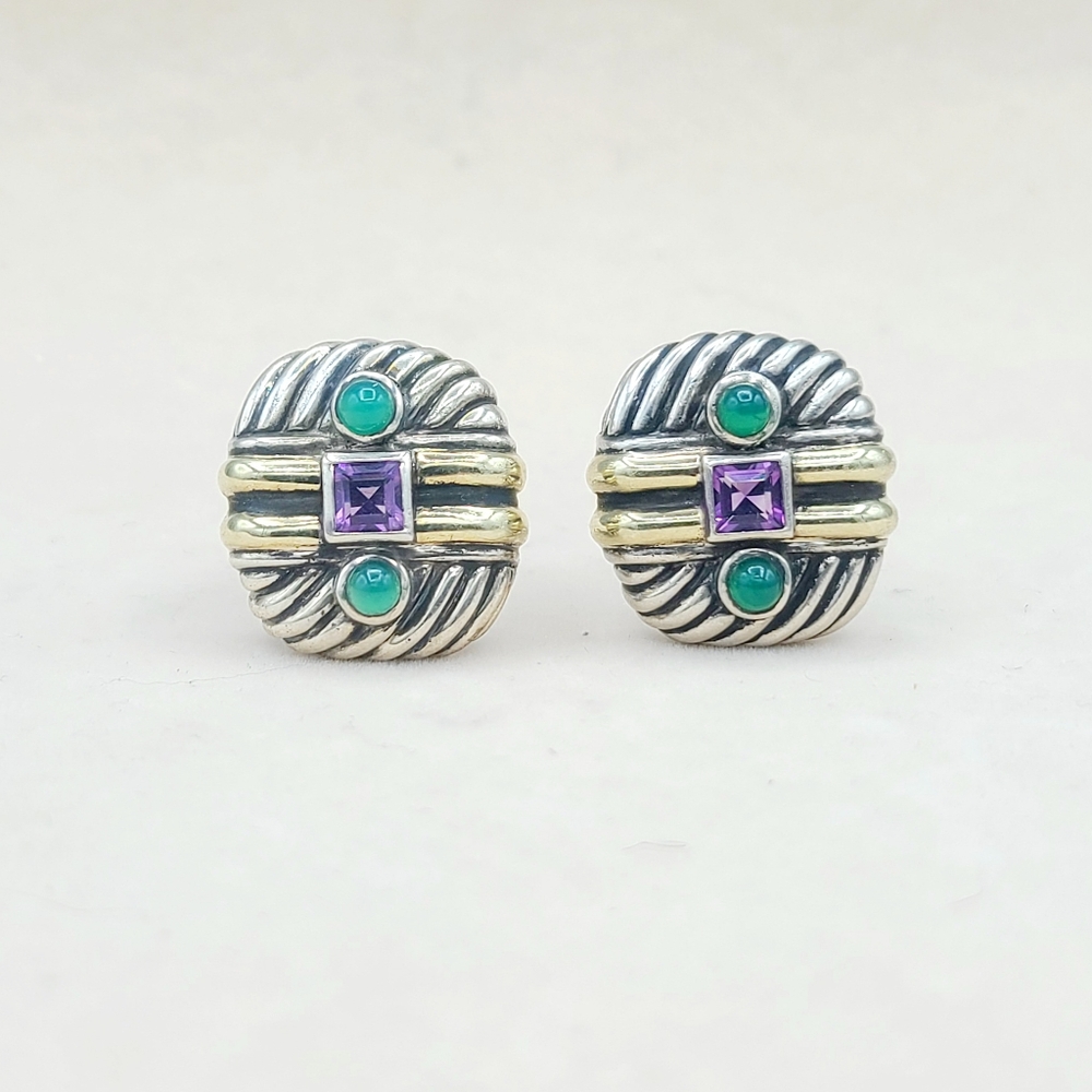 David Yurman Renaissance Earrings With Amethyst Green Onyx and Gold